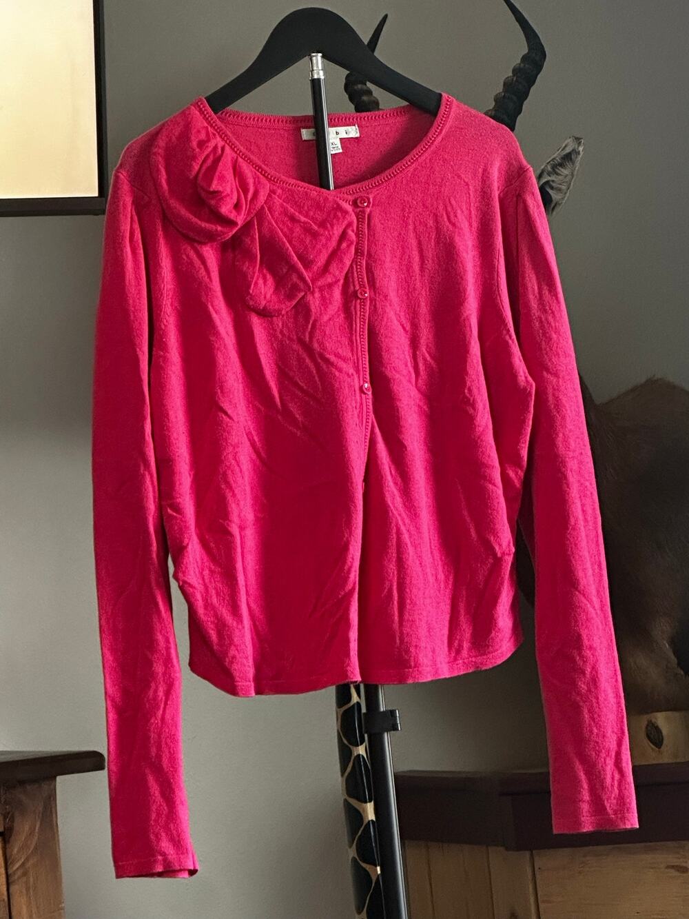 Cabi Pink Bow Accent Cardigan Sweater XL Fuchsia Button Front Knit Cardigan